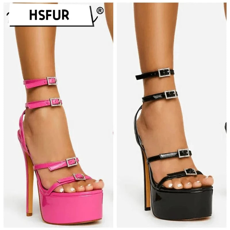 Model Dress Shoes Sexy Nightclub Large Size Platform Women Heeled sandals|lace up Stiletto Patent Leather Ankle Strap Sandals