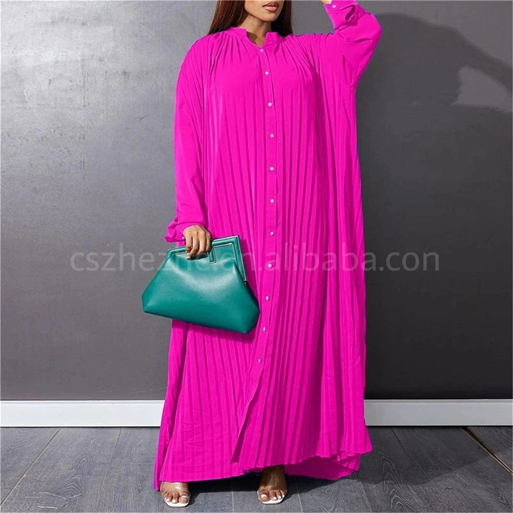 Modest 2024 Spring Solid Long Sleeve Single Breasted Blouse Shirt Dress Islamic African Loose Robe Dress Plus Size S-5Xl