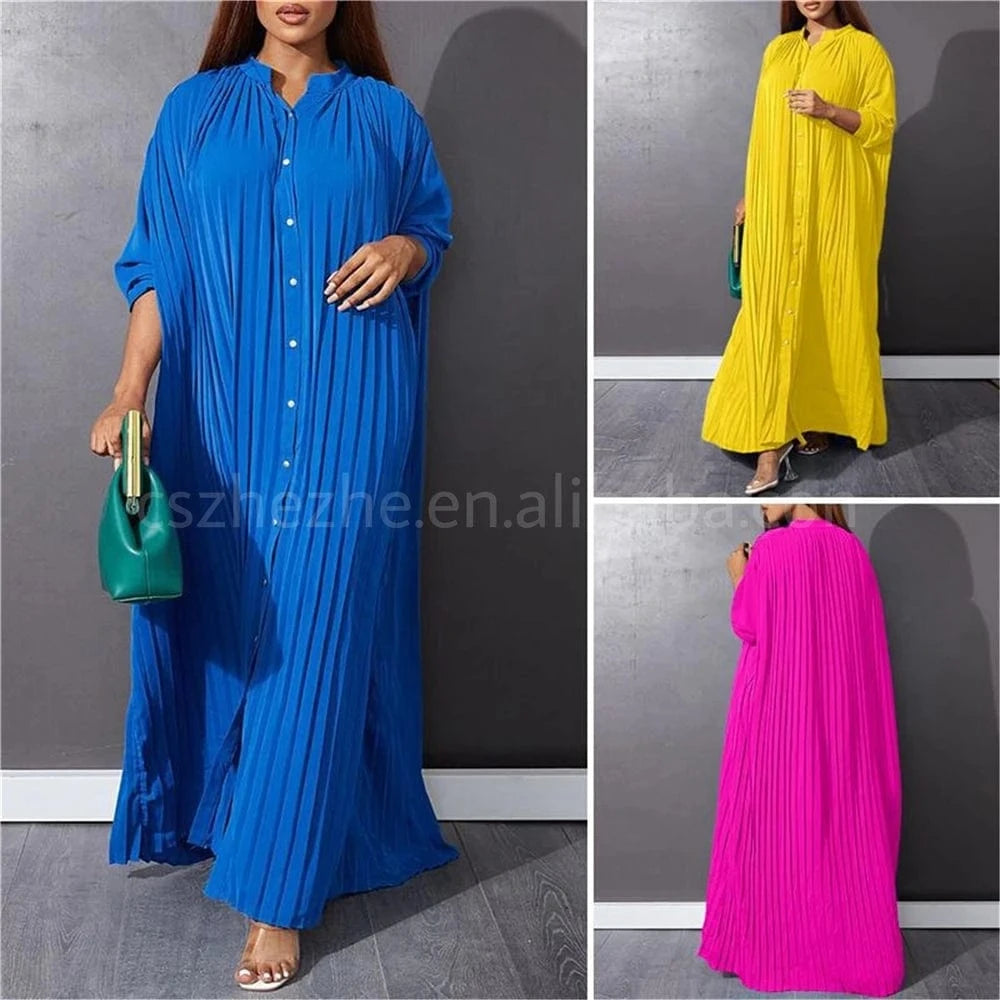 Modest 2024 Spring Solid Long Sleeve Single Breasted Blouse Shirt Dress Islamic African Loose Robe Dress Plus Size S-5Xl