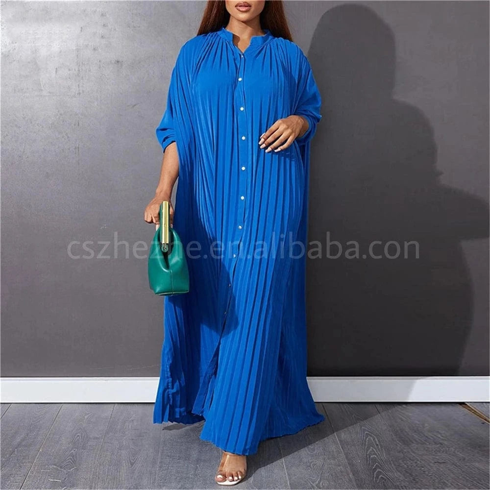Modest 2024 Spring Solid Long Sleeve Single Breasted Blouse Shirt Dress Islamic African Loose Robe Dress Plus Size S-5Xl