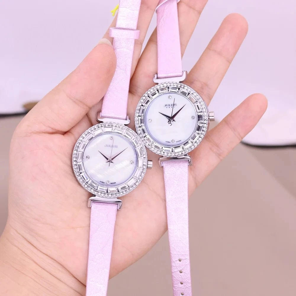 Mother-of-pearl Rhinestones Julius Lady Women's Watch Fashion Hours Bracelet Real Blue Leather Girl's Birthday Gift Box