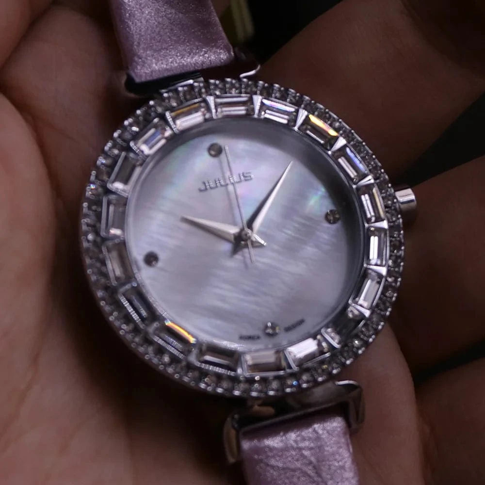 Mother-of-pearl Rhinestones Julius Lady Women's Watch Fashion Hours Bracelet Real Blue Leather Girl's Birthday Gift Box