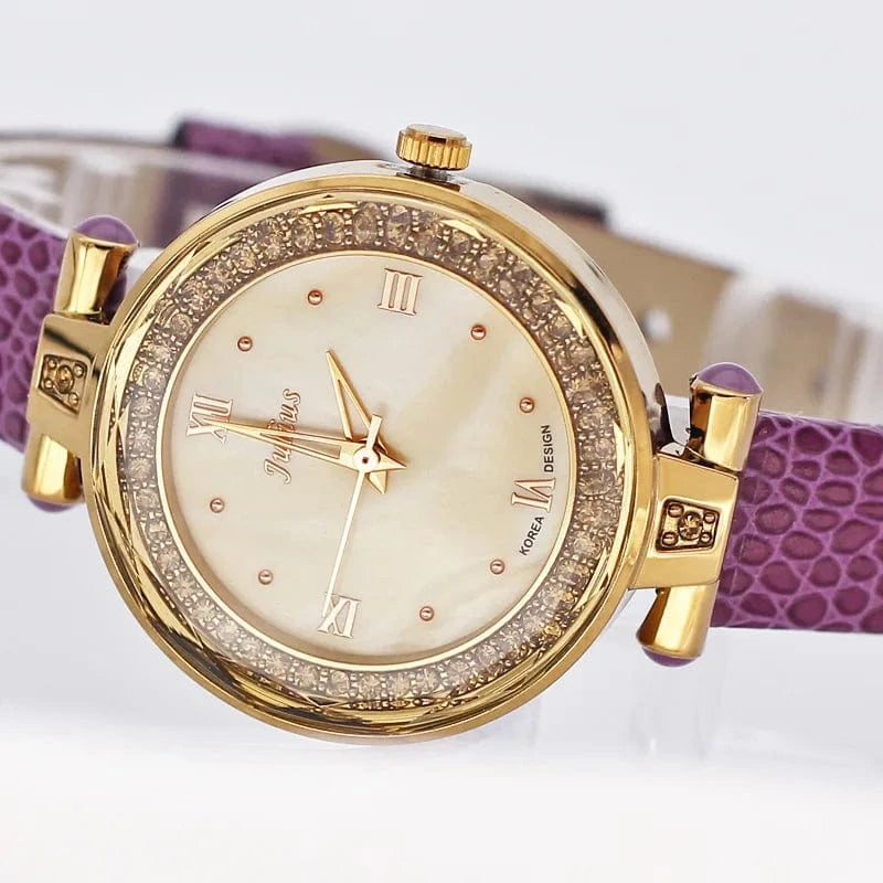 Mother-of-pearl Rhinestones Julius Lady Women's Watch Fashion Hours Bracelet Real Leather Girl's Birthday Gift Box