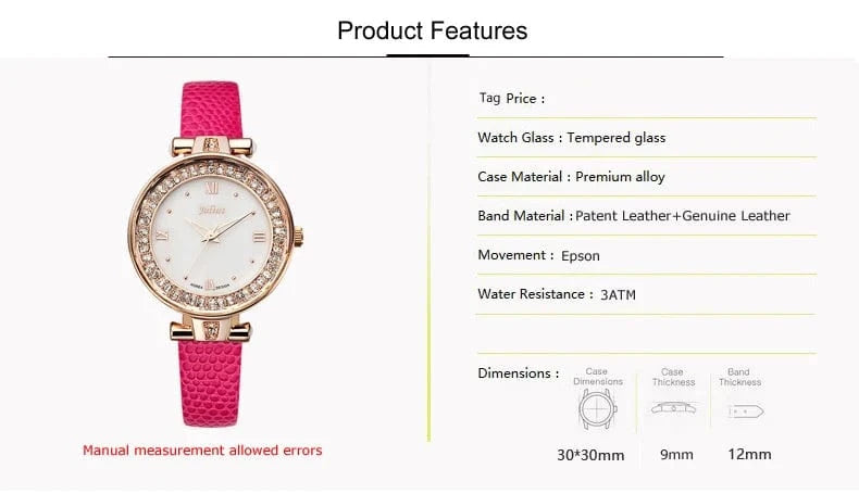 Mother-of-pearl Rhinestones Julius Lady Women's Watch Fashion Hours Bracelet Real Leather Girl's Birthday Gift Box