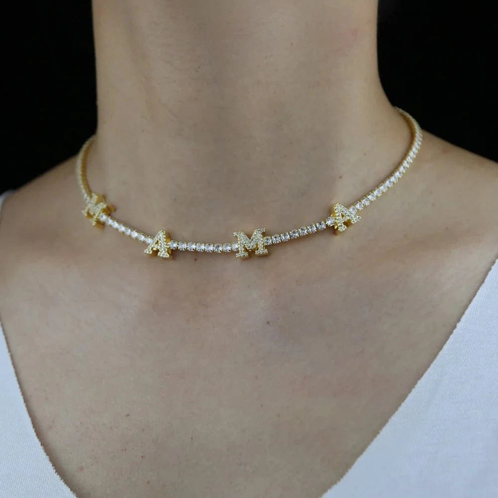 Mother's Day 3mm CZ Tennis Chain Choker Necklace Link Initial Letter MAMA Charm Pendant Necklace for Mom Family Party Jewelry