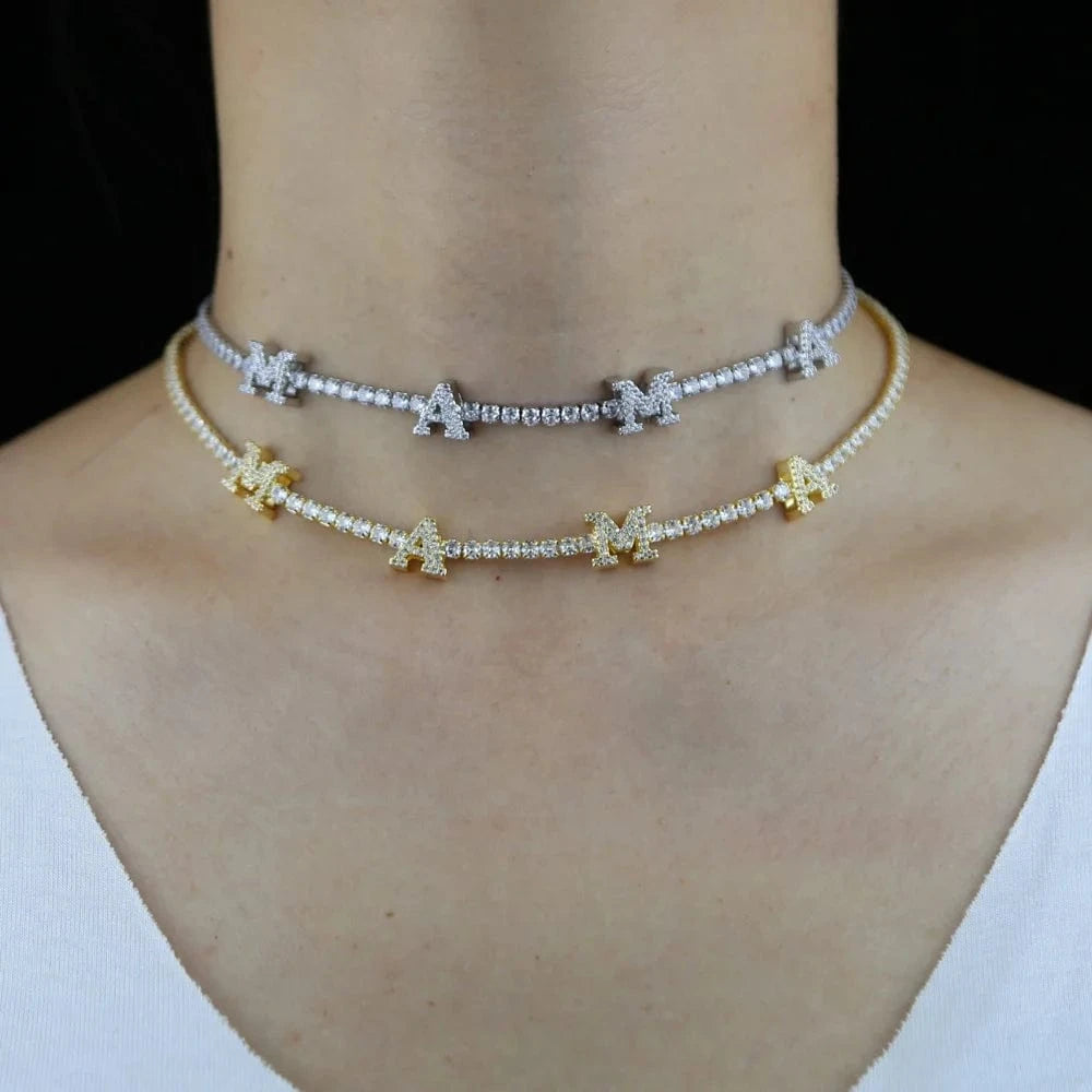 Mother's Day 3mm CZ Tennis Chain Choker Necklace Link Initial Letter MAMA Charm Pendant Necklace for Mom Family Party Jewelry