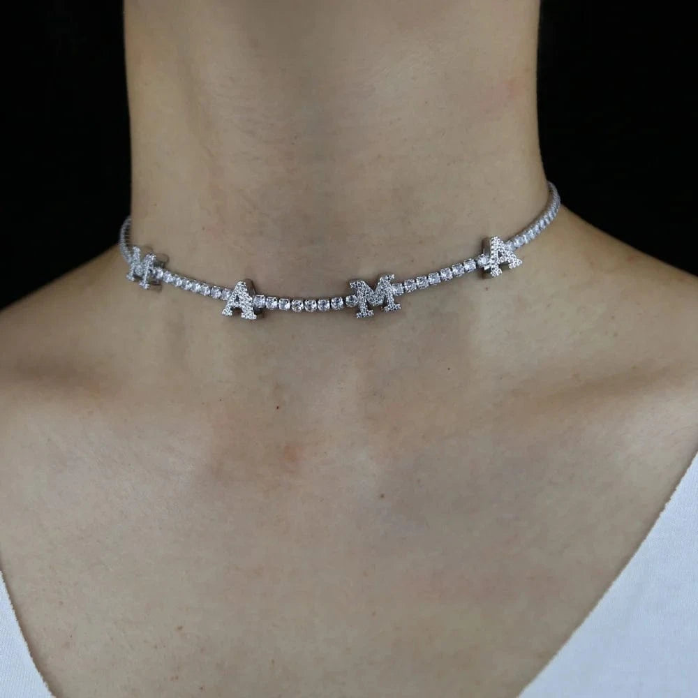 Mother's Day 3mm CZ Tennis Chain Choker Necklace Link Initial Letter MAMA Charm Pendant Necklace for Mom Family Party Jewelry