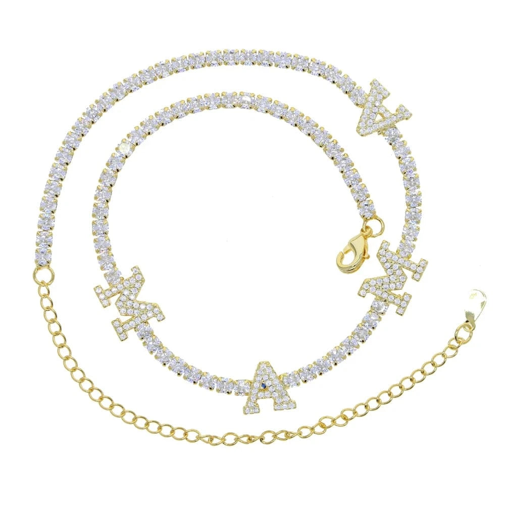 Mother's Day 3mm CZ Tennis Chain Choker Necklace Link Initial Letter MAMA Charm Pendant Necklace for Mom Family Party Jewelry