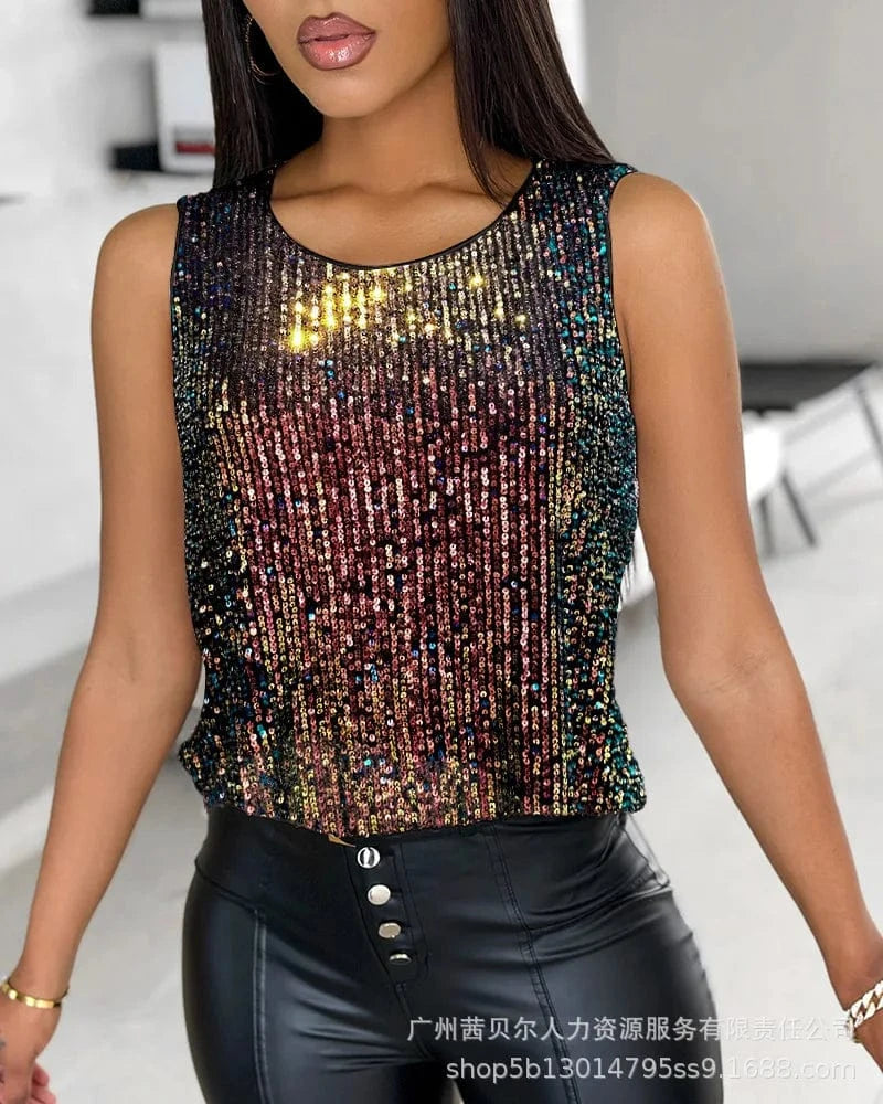 MSB0009-mu / L Women Glitter Sequin Round Neck Sleeveless Blouses Shirts Casual Sparkle Tank Top