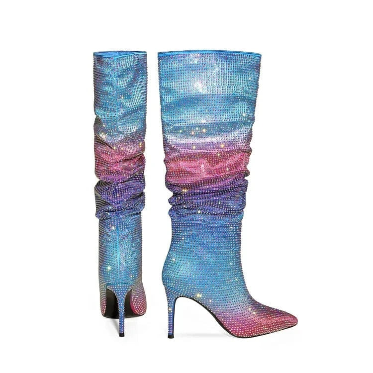 Mujer Women Knee High Heels 8.5-9.5cm Rainbow Gradient Full Drill Knee High Heel Boots Ladies Boots for Women Shoes