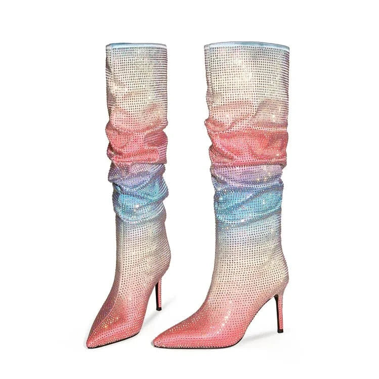 Mujer Women Knee High Heels 8.5-9.5cm Rainbow Gradient Full Drill Knee High Heel Boots Ladies Boots for Women Shoes