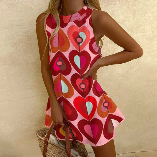 MULTI / S Pink Love Print Dress Womens 2024 Maxi Baggy Dress Vintage V Neck A-Line Elegant Dresses Luxury Brand Linen Beach Skirt