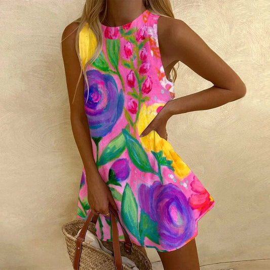 MULTI / XL Sleeveless Luxury Dress High Waist Oil Painting Printing A-shaped Dress Casual Campus Party Fashion Girl Y2K Style Beach Dress