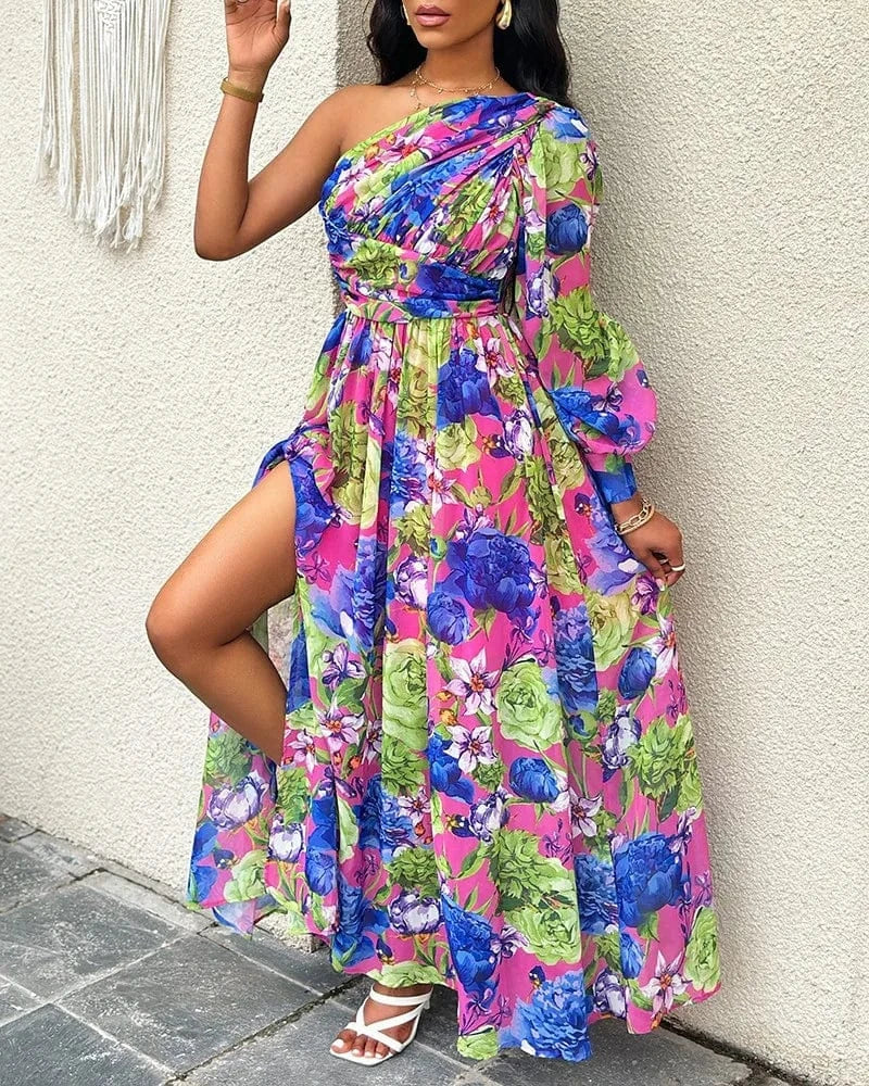 MULTI / XXL New Fashion Sexy Off Shoulder Print Dress Women Elegnat Office Casual Loose Beach Party Long Dresses Female Spring Summer Robe