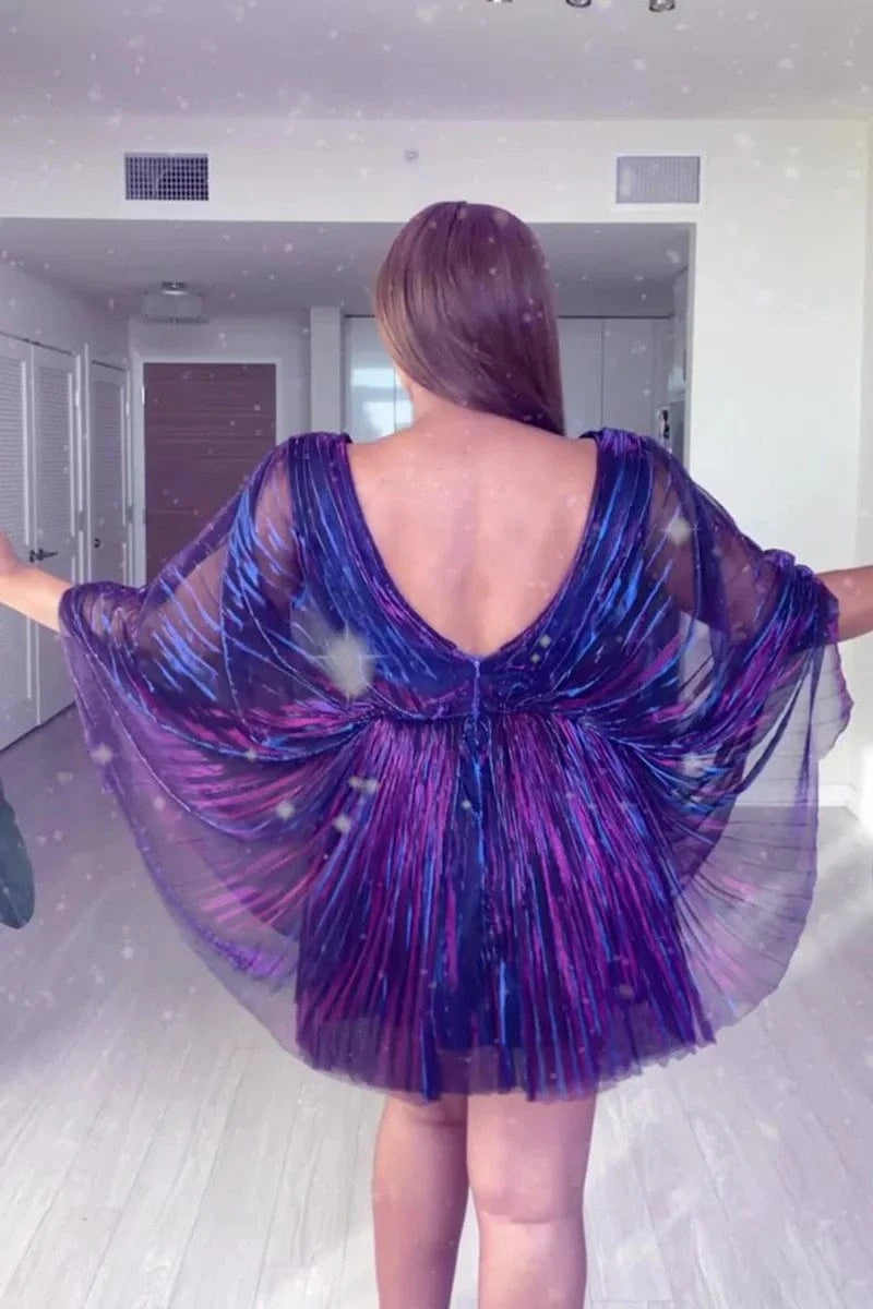 Multicolor-Backless / 0XL Plus Size Cocktail Party Batwing Sleeves Pleated Metallic Reflective V Neck Mini Dress