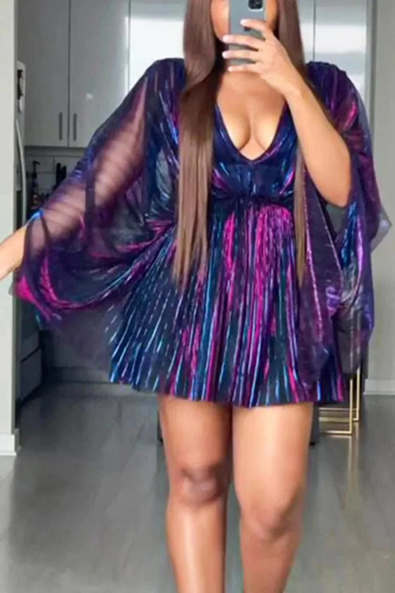 Multicolor-General / 0XL Plus Size Cocktail Party Batwing Sleeves Pleated Metallic Reflective V Neck Mini Dress