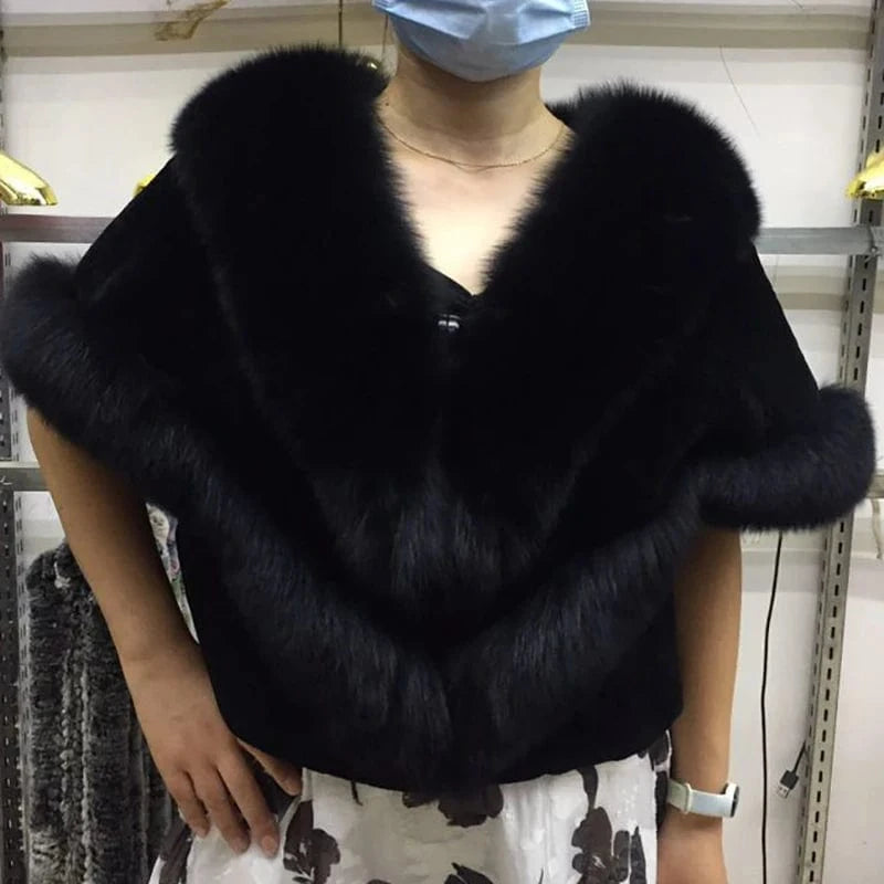 MWfur Fur Coat Short Women Fashion Luxury Fox Fur Trimmed Rex Rabbit Cape for Women