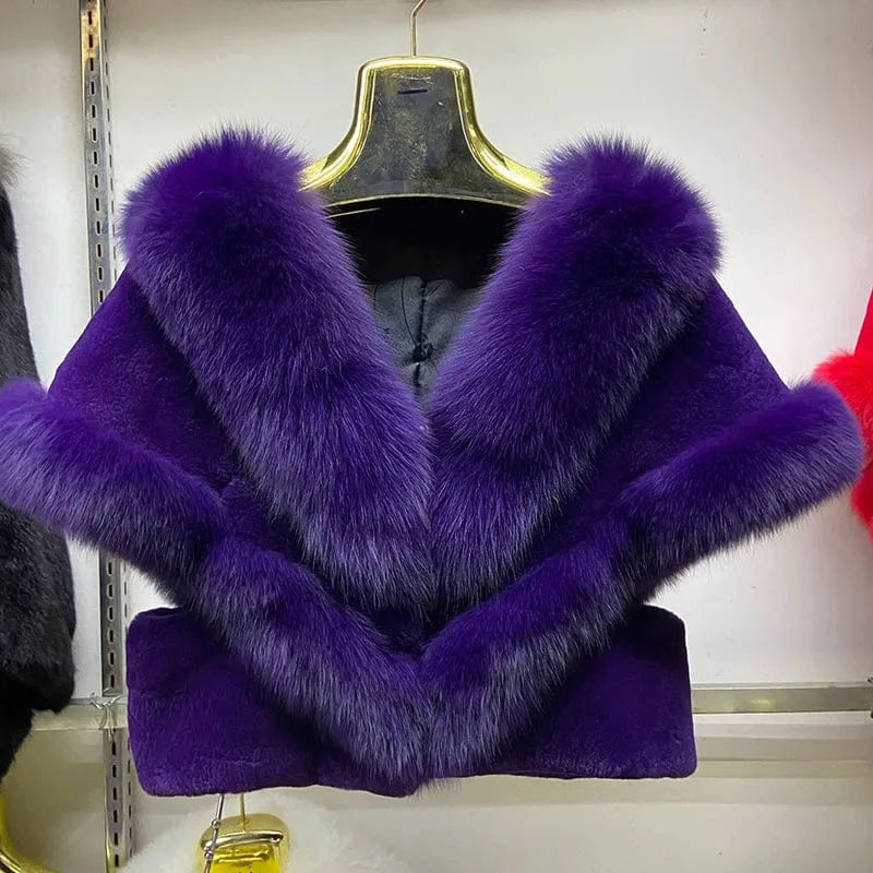 MWfur Fur Coat Short Women Fashion Luxury Fox Fur Trimmed Rex Rabbit Cape for Women