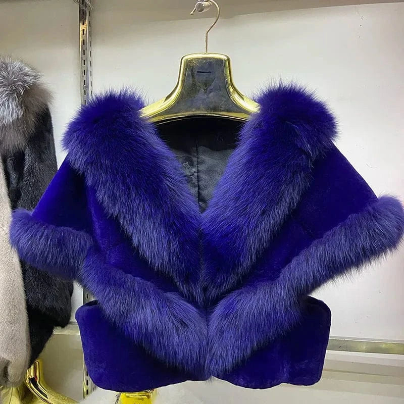 MWfur Fur Coat Short Women Fashion Luxury Fox Fur Trimmed Rex Rabbit Cape for Women