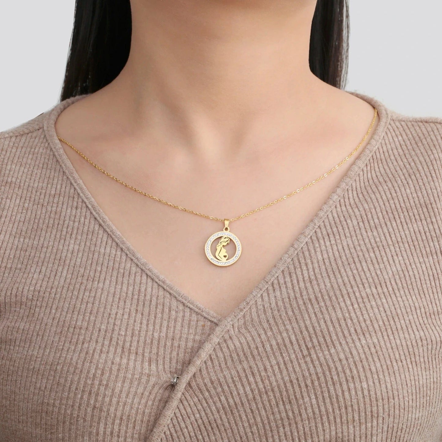 Myshape Family Mom Kid Baby Round Pendant Necklace Stainless Steel Gold Color Clear Zircon Chain Jewelry Mother's Day Gift 2024