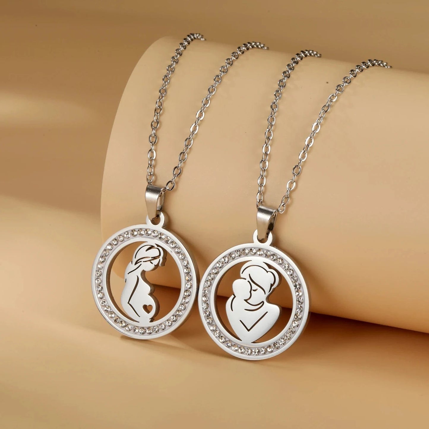 Myshape Family Mom Kid Baby Round Pendant Necklace Stainless Steel Gold Color Clear Zircon Chain Jewelry Mother's Day Gift 2024