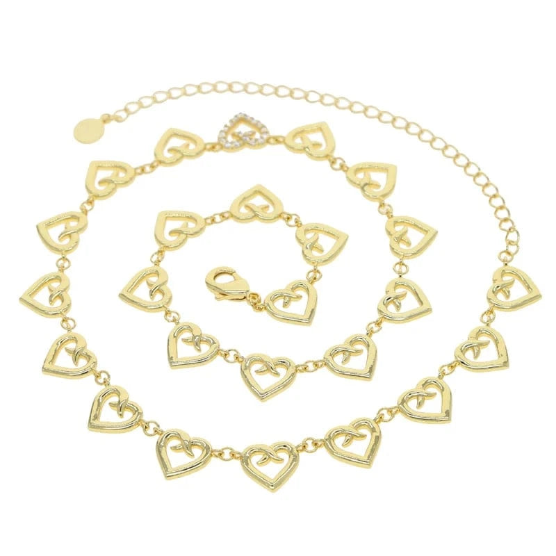 N1010-G-35+10cm necklace 18K Gold Plated Charm Fashion Women Jewelry Set Micro Pave 5A CZ Diamond Hallow Heart Shape Necklace Bracelet Ring Earring