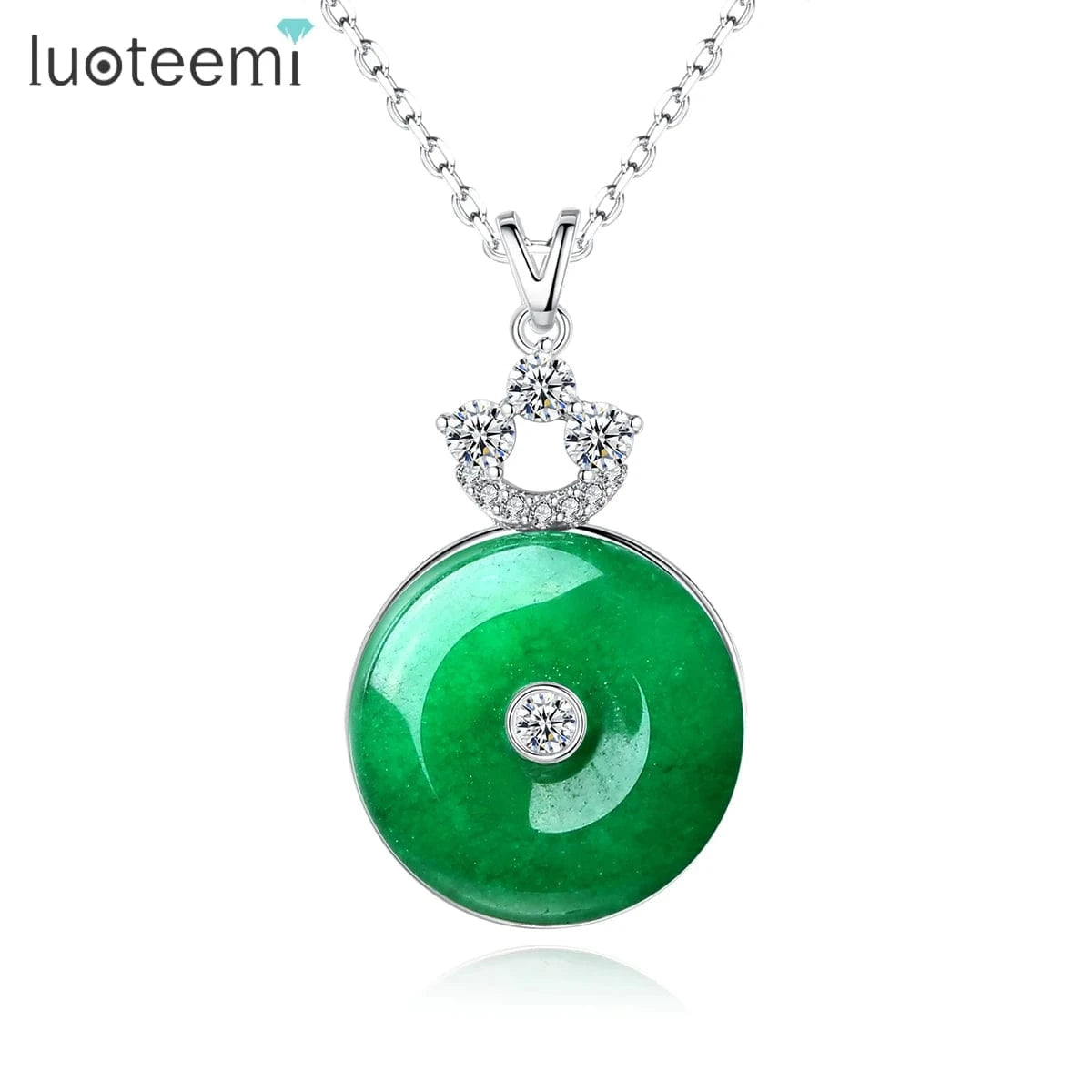 N19033006 LUOTEEMI Jade Necklace Jewelry Brass Link Cage Round Flower Zircon with Green Jade Pendant Necklace