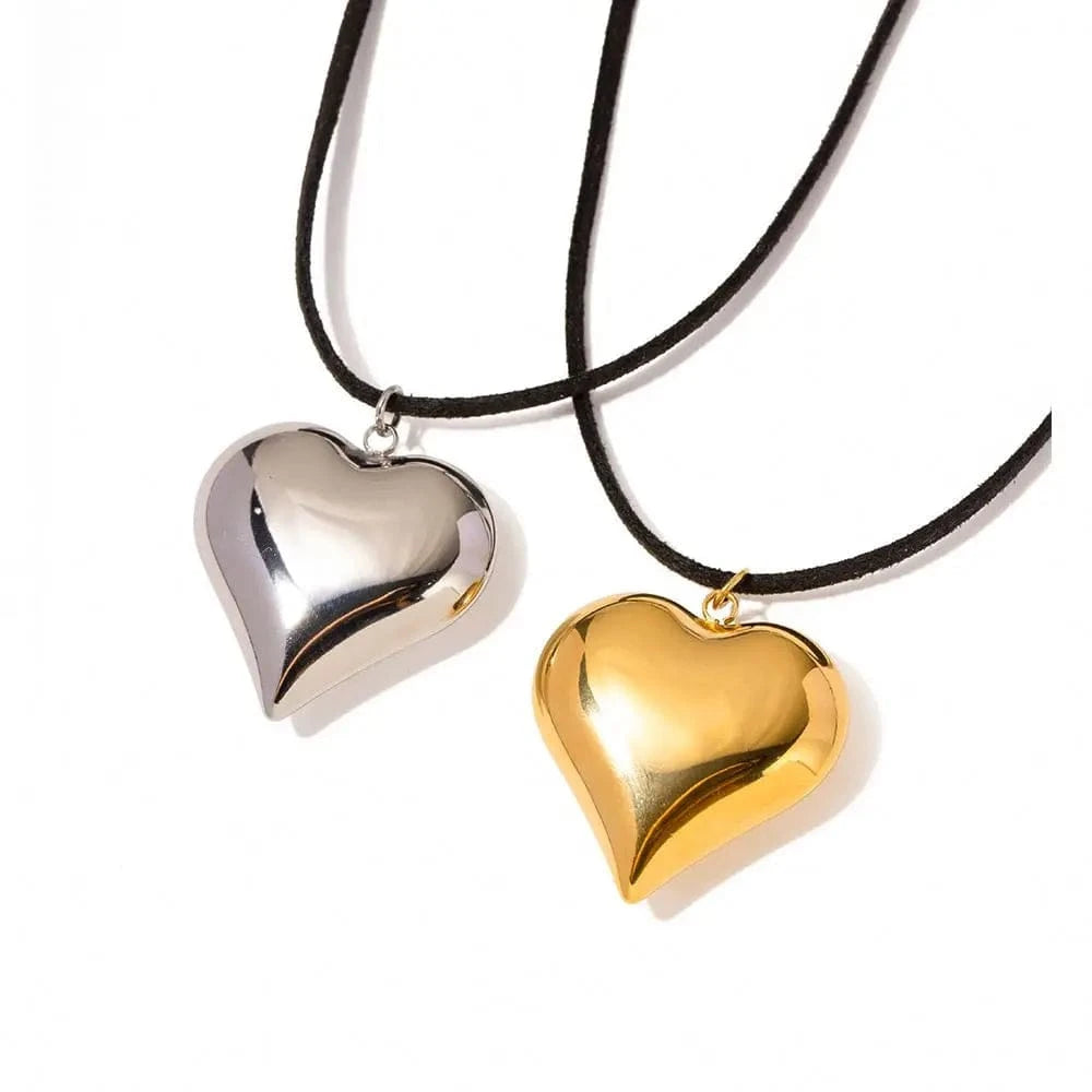 N2130 18K Gold Plated Stainless Steel Black Cord 3D Heart Pendant Chunky Choker Adjustable Necklace Women
