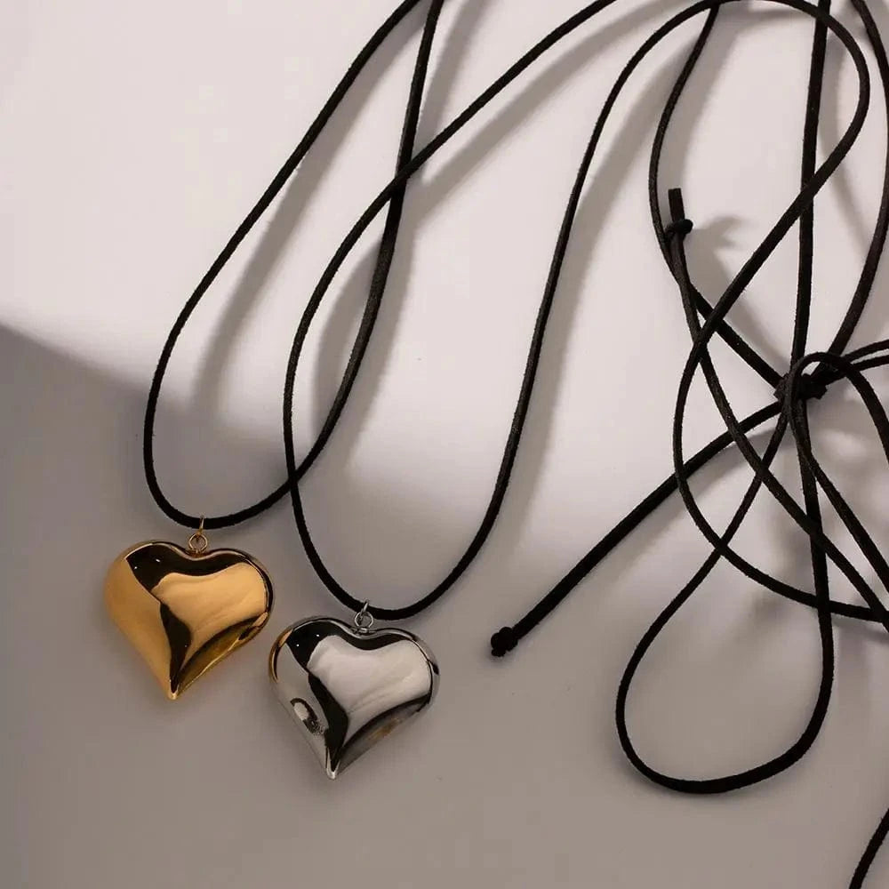 N2130 18K Gold Plated Stainless Steel Black Cord 3D Heart Pendant Chunky Choker Adjustable Necklace Women