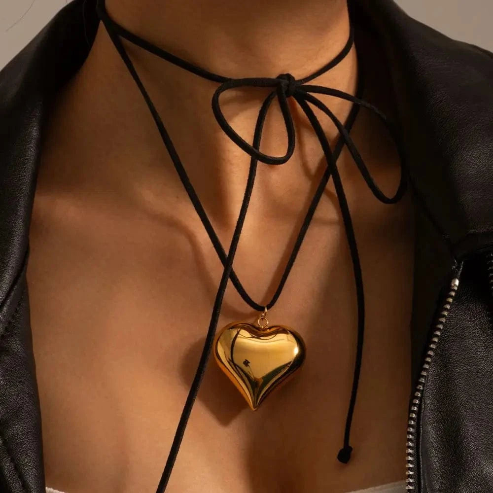 N2130 18K Gold Plated Stainless Steel Black Cord 3D Heart Pendant Chunky Choker Adjustable Necklace Women