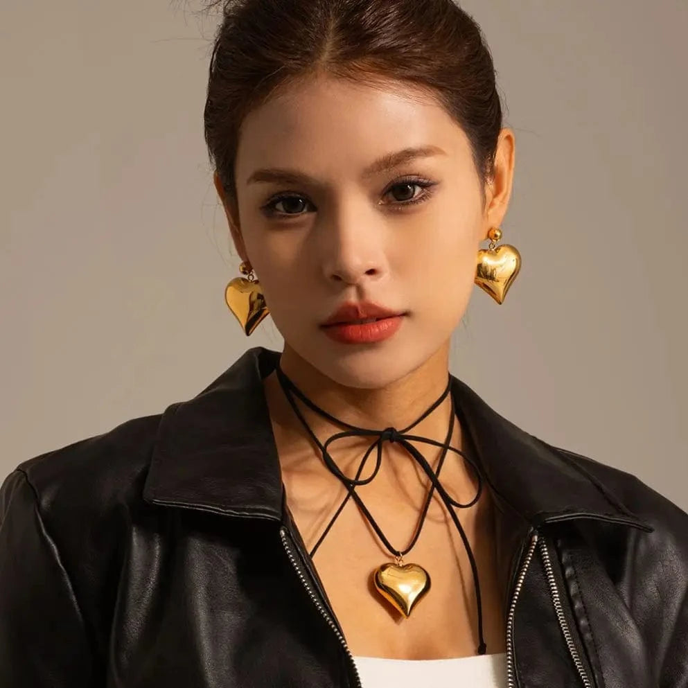 N2130 18K Gold Plated Stainless Steel Black Cord 3D Heart Pendant Chunky Choker Adjustable Necklace Women