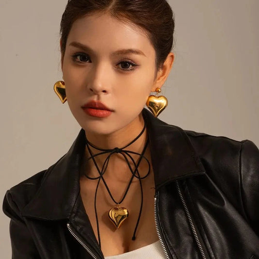 N2130 18K Gold Plated Stainless Steel Black Cord 3D Heart Pendant Chunky Choker Adjustable Necklace Women