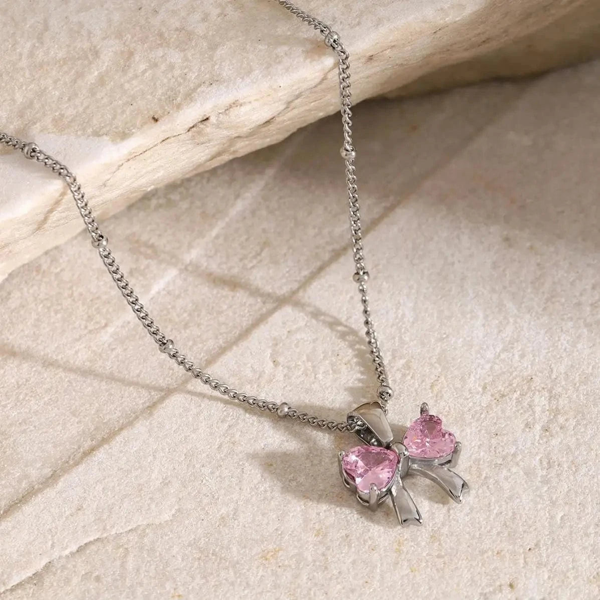 N2144 18K Gold Plated Stainless Steel Bow Knot White Cubic Zirconia Pendant Necklace, 40+5cm