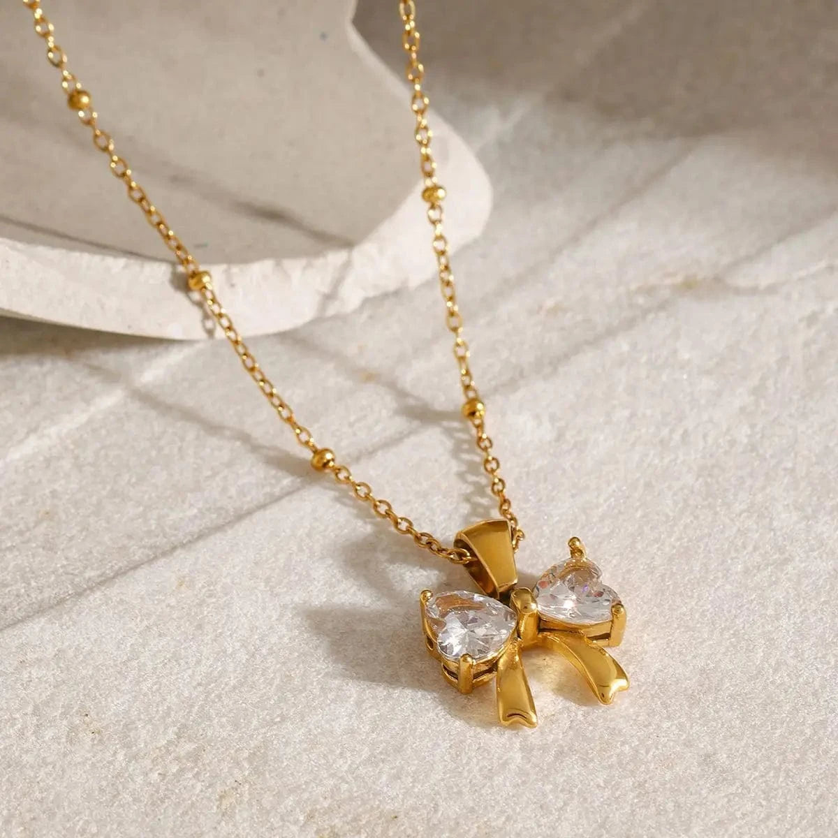 N2144 18K Gold Plated Stainless Steel Bow Knot White Cubic Zirconia Pendant Necklace, 40+5cm
