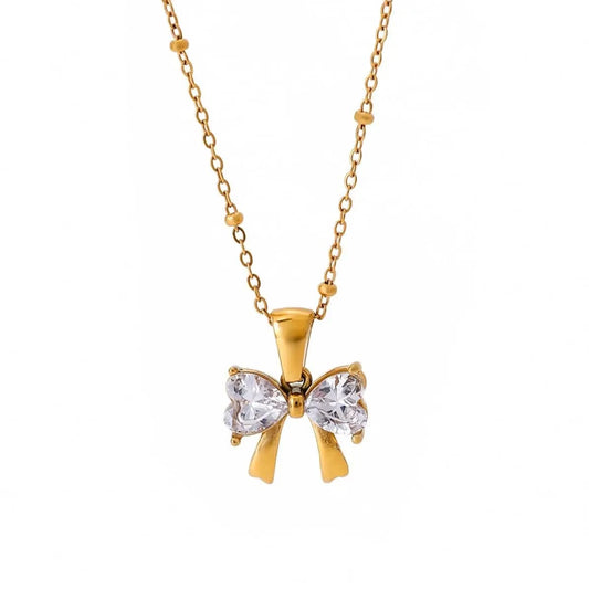 N2144 18K Gold Plated Stainless Steel Bow Knot White Cubic Zirconia Pendant Necklace, 40+5cm