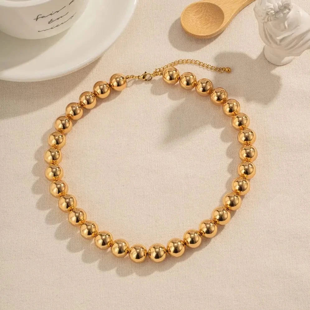 N2214 8mm 10mm 12mm Chunky Beads Necklace 18K PVD Brass Tarnish-free Beads Necklace Plated Jewelry Set For Women