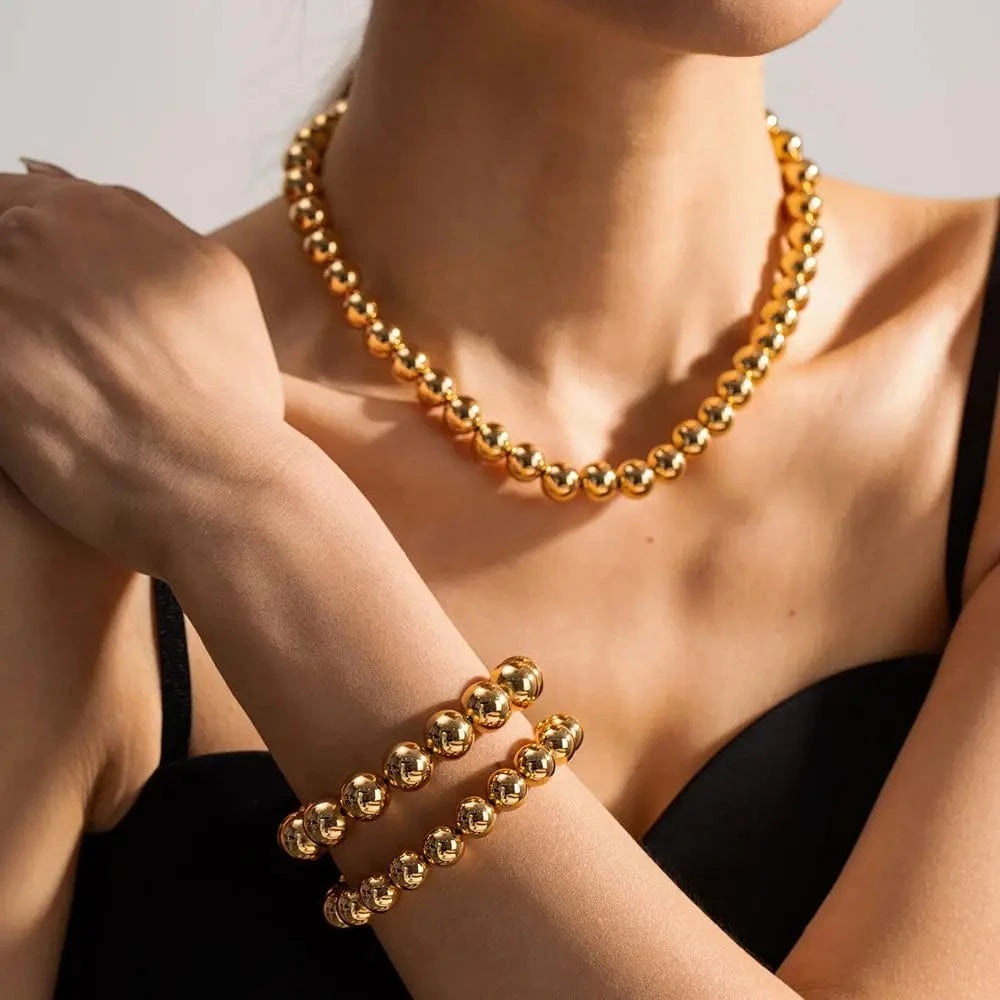 N2214 8mm 10mm 12mm Chunky Beads Necklace 18K PVD Brass Tarnish-free Beads Necklace Plated Jewelry Set For Women