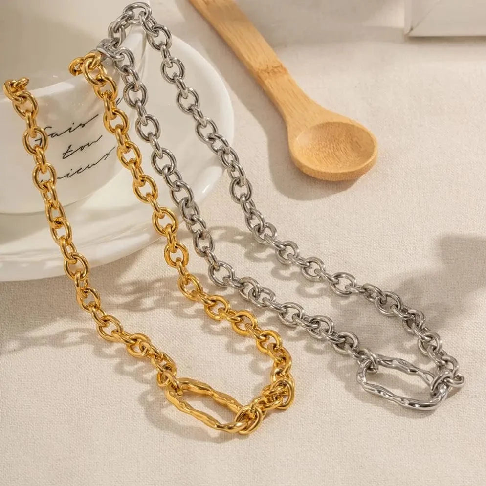 N2235 Chunky Style Oval Buckle 18K Gold Silver PVD Plated Stainless Steel Link Chain Necklace Jewelry Set For Women