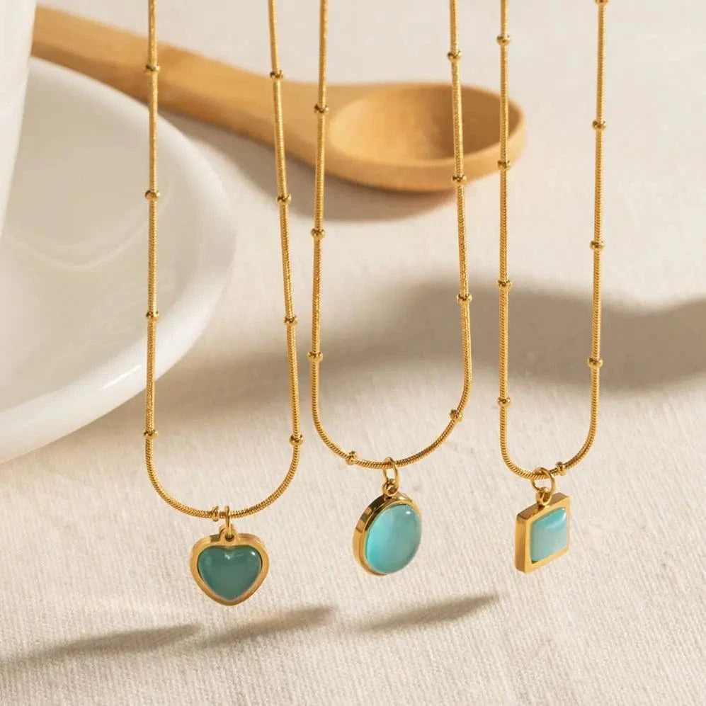 N2268 New Arrival 18K Gold Plated Stainless Steel Blue Cat Eye Natural Stone Oval Square Pendant Necklace Set for Women