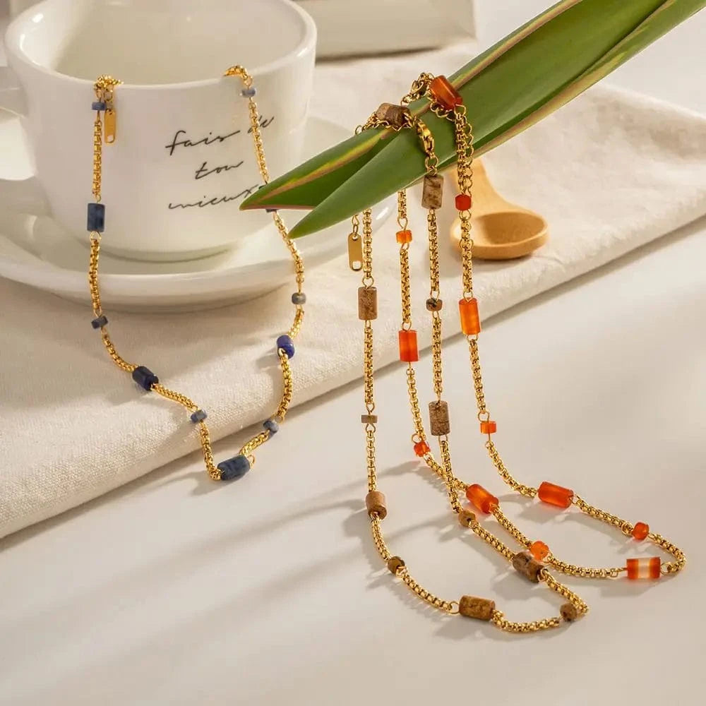 N2323 Charm 18K Gold Plated Stainless Steel Jewelry Gift Natural Geometric Lapis Lazuli Red Agate Choker Necklace