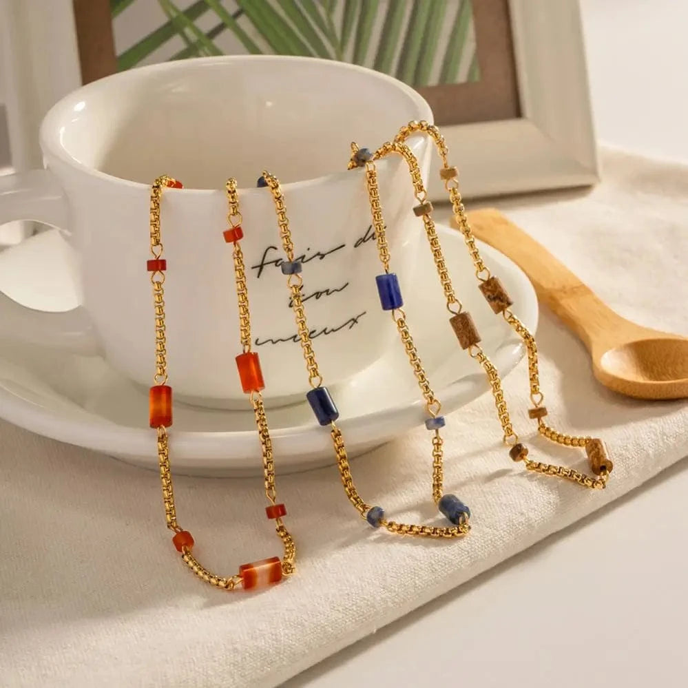 N2323 Charm 18K Gold Plated Stainless Steel Jewelry Gift Natural Geometric Lapis Lazuli Red Agate Choker Necklace