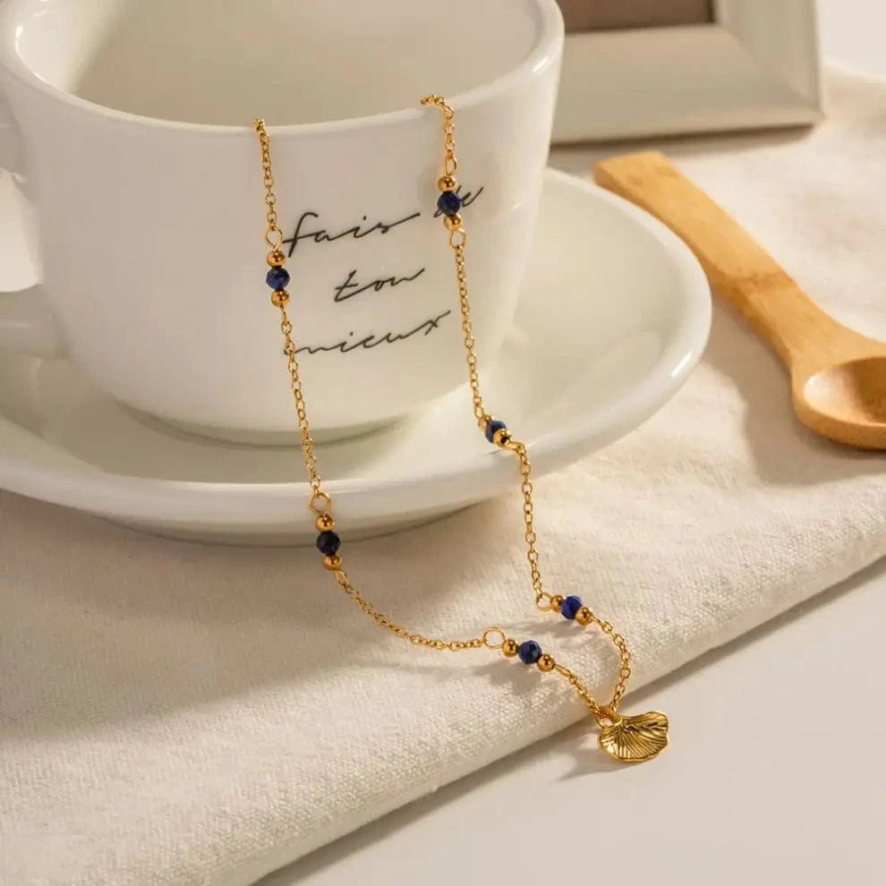 N2325 18K Gold Plated Stainless Steel Jewelry Set Charm Natural Stone Lapis lazuli Leaves Pendant Necklace for Women