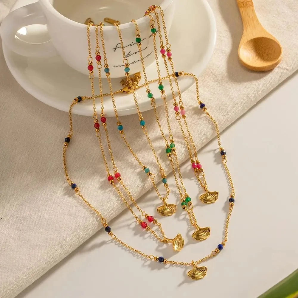 N2325 18K Gold Plated Stainless Steel Jewelry Set Charm Natural Stone Lapis lazuli Leaves Pendant Necklace for Women