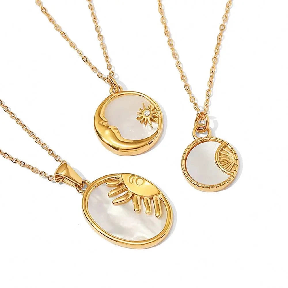 N2412 INS Stainless Steel White Shell Sun Necklace 18K Gold Plated Oval Sun Moon Shell Pendant Necklace