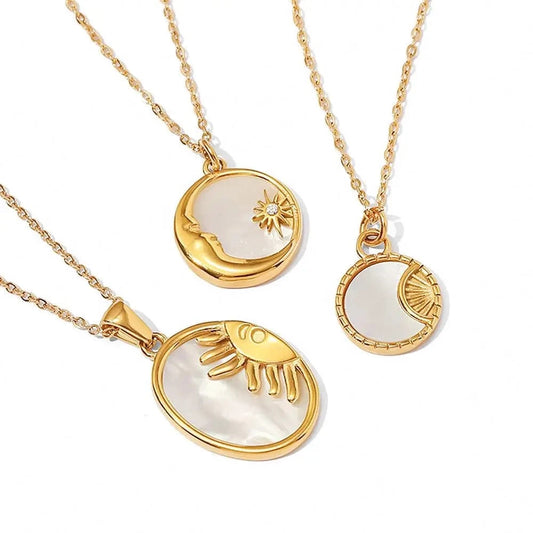 N2412 INS Stainless Steel White Shell Sun Necklace 18K Gold Plated Oval Sun Moon Shell Pendant Necklace