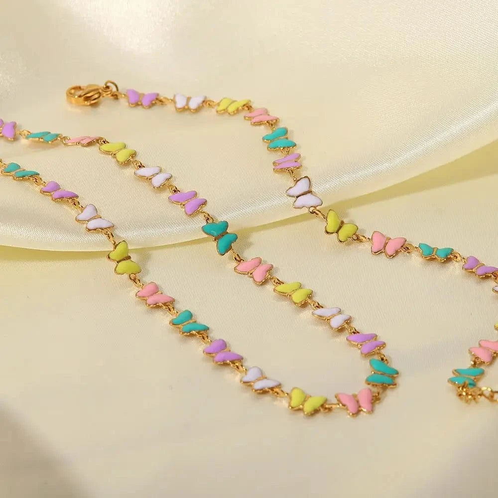 N2438 18k Gold Stainless Steel Dripping oil Bracelets Colorful Enamel Butterfly Choker Necklace Set