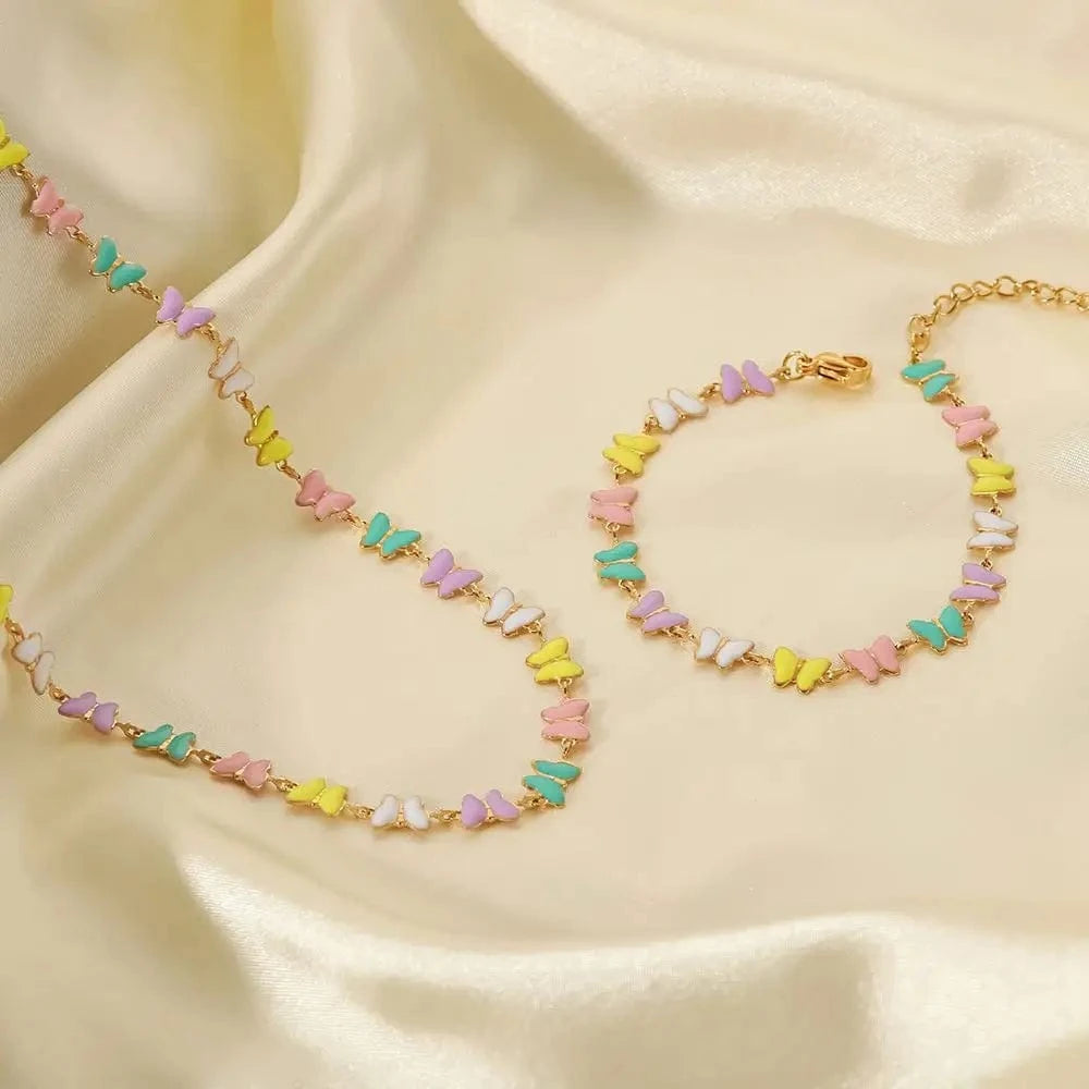 N2438 18k Gold Stainless Steel Dripping oil Bracelets Colorful Enamel Butterfly Choker Necklace Set
