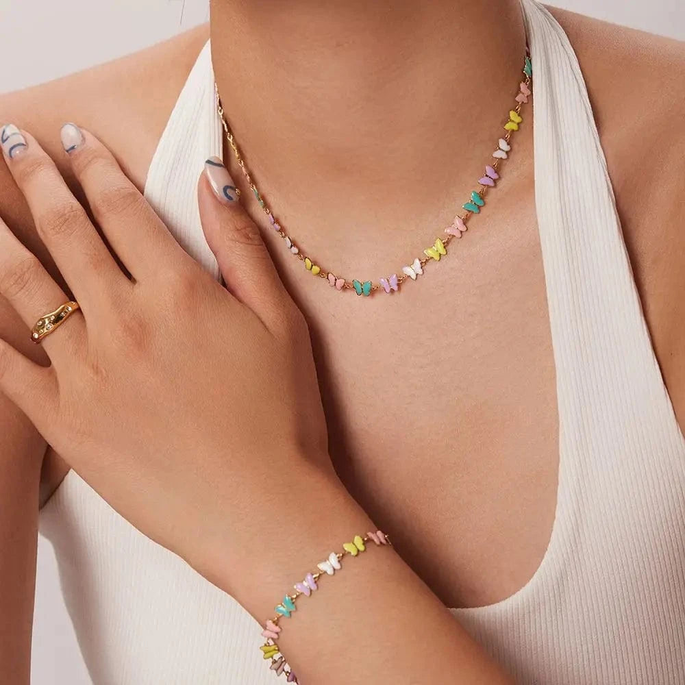N2438 18k Gold Stainless Steel Dripping oil Bracelets Colorful Enamel Butterfly Choker Necklace Set
