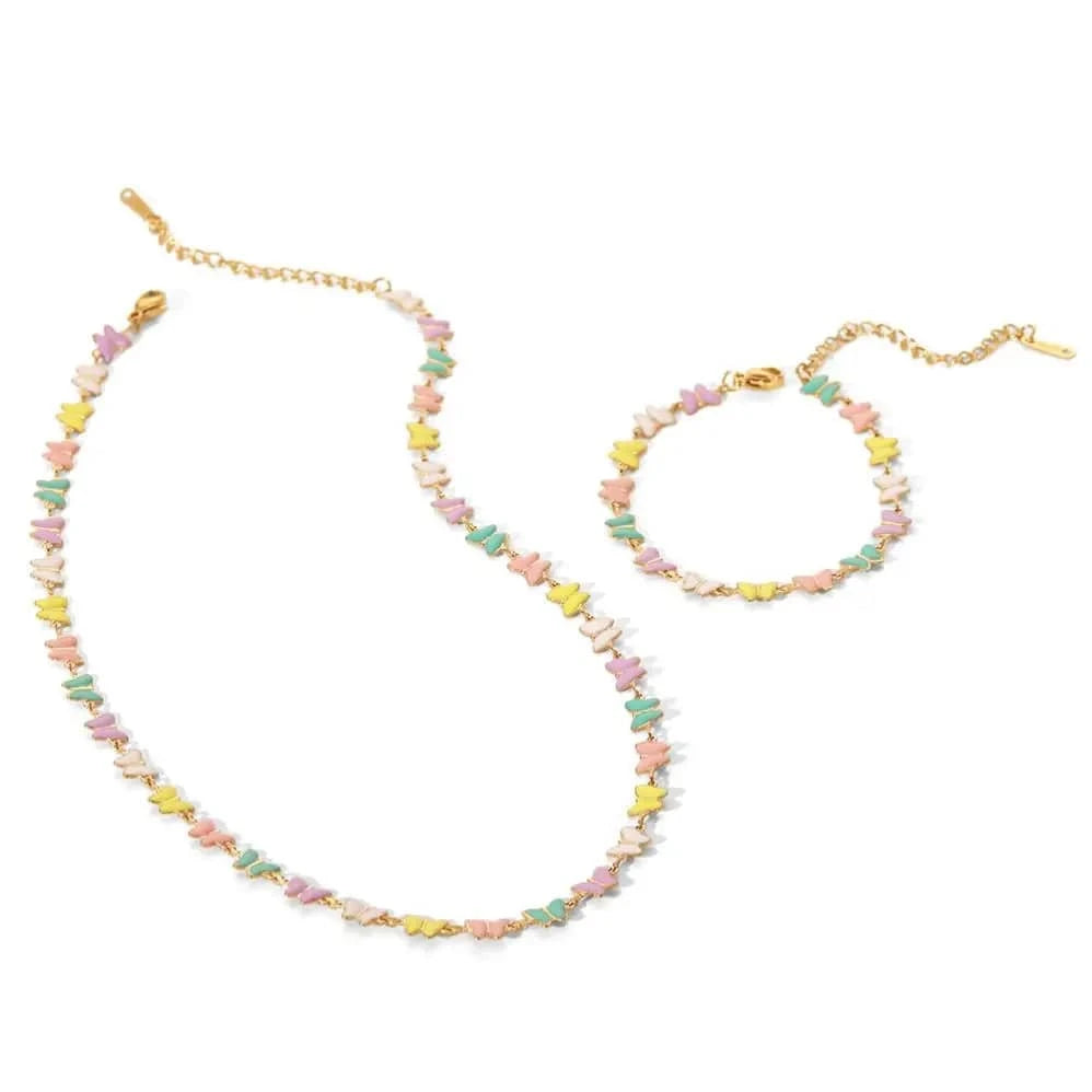 N2438 18k Gold Stainless Steel Dripping oil Bracelets Colorful Enamel Butterfly Choker Necklace Set
