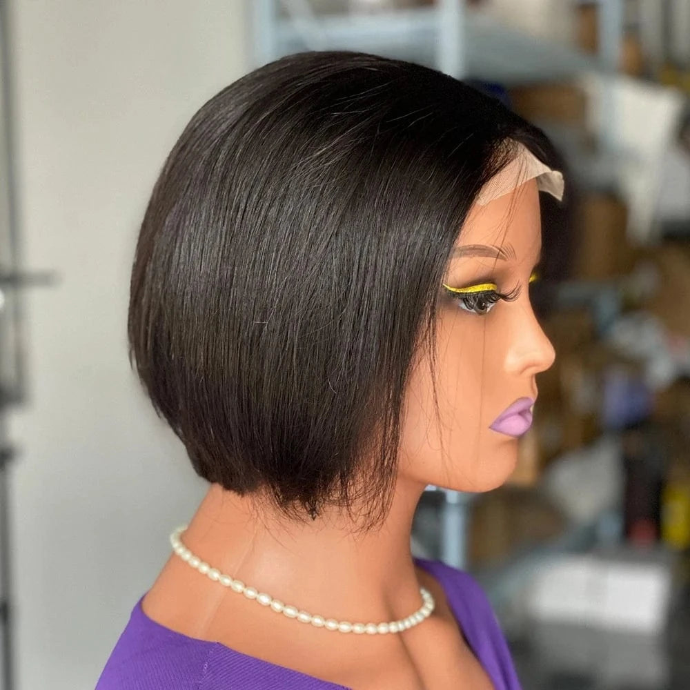 Natural Black / 8 Inches Wholesale Remy Hair Bob Human Hair Wig Front Bone Straight Lace Brazilian Hair Long Transparent Swiss Lace